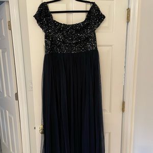 Maya MATERNITY Bridesmaid off shoulder maxi in navy, size 12